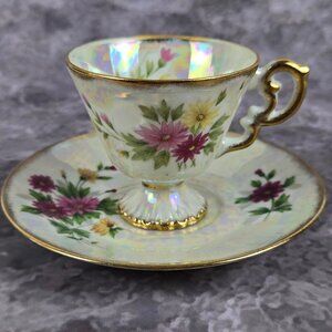 Vintage Norleans Demitasse Cup & Saucer September Aster Floral Iridescent Glaze